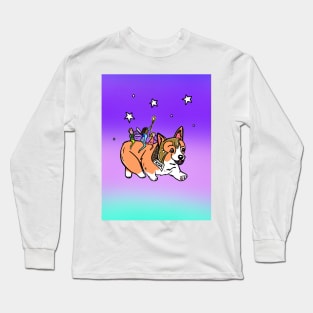 Magical Corgi running with fairies on his back Long Sleeve T-Shirt